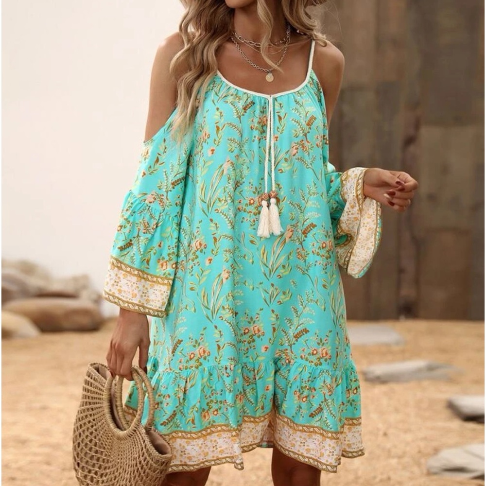 Boho Floral Print Cold Shoulder Flare Sleeve Tassel Tie Dress - Picture 6 of 16